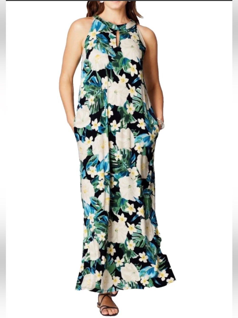 J Jill Halter Keyhole Long Maxi Dress Floral Knit Sleeveless Summer Sz S